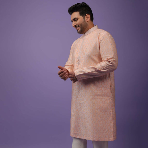 Pastel Peach Brocade Silk Kurta Set With Woven Design All Over