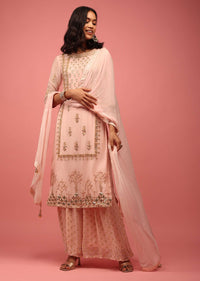 Pastel Peach Palazzo Suit Fully-Handcrafted In Banarasi Georgette With Embroidery