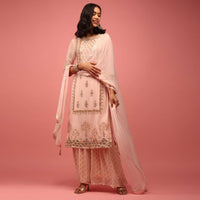 Pastel Peach Palazzo Suit Fully-Handcrafted In Banarasi Georgette With Embroidery