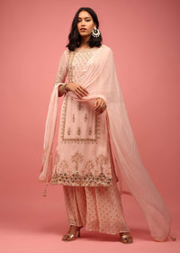 Pastel Peach Palazzo Suit Fully-Handcrafted In Banarasi Georgette With Embroidery