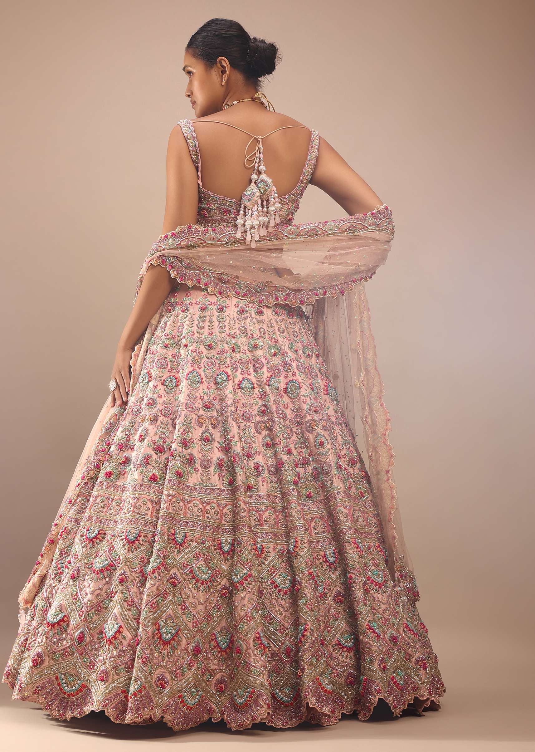 Pastel Pink Lehenga With A Crop Top In Multi-Colored Resham Embroidery, Crop Top Comes In Sleeveless With Scalloped Neckline