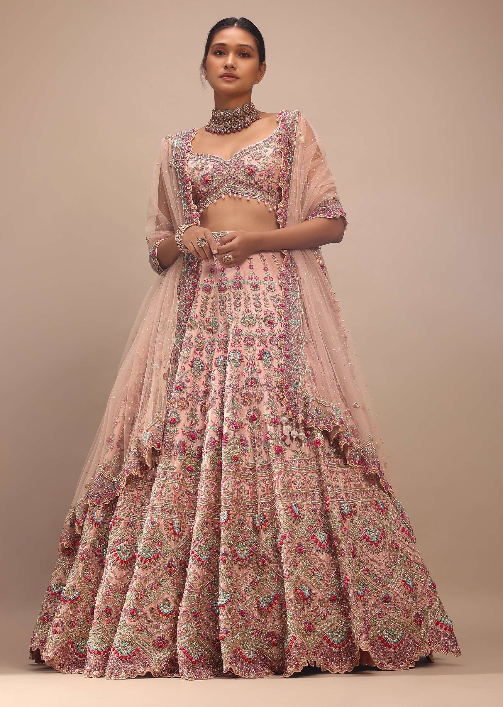 Pastel Pink Lehenga With A Crop Top In Multi-Colored Resham Embroidery, Crop Top Comes In Sleeveless With Scalloped Neckline