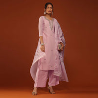 Pastel Pink Kurti Palazzo Set In Chanderi Silk With Gotta Work