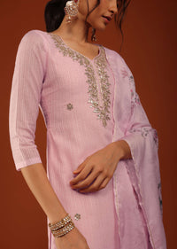 Pastel Pink Kurti Palazzo Set In Chanderi Silk With Gotta Work