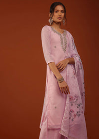 Pastel Pink Kurti Palazzo Set In Chanderi Silk With Gotta Work