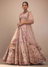 Pastel Pink Lehenga With A Crop Top In Multi-Colored Resham Embroidery, Crop Top Comes In Sleeveless With Scalloped Neckline