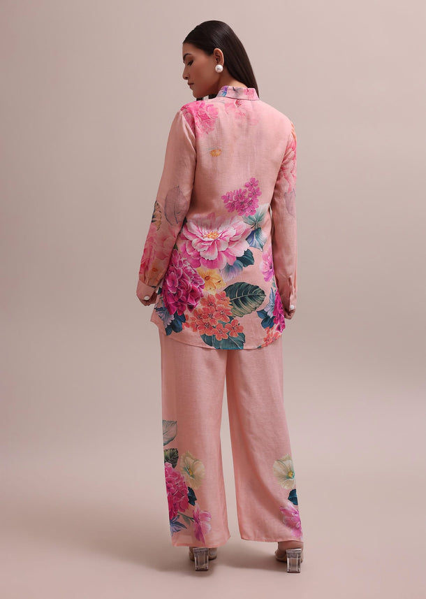 Pastel Pink Linen Co-ord Set With Floral Prints And Sequin Work For Summer