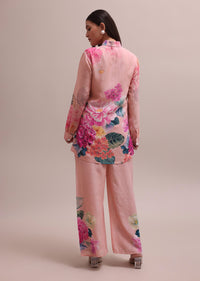 Pastel Pink Linen Co-ord Set With Floral Prints And Sequin Work For Summer