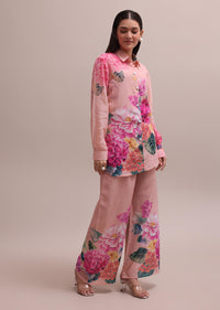 Pastel Pink Linen Co-ord Set With Floral Prints And Sequin Work For Summer