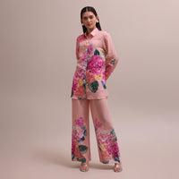 Pastel Pink Linen Co-ord Set With Floral Prints And Sequin Work For Summer