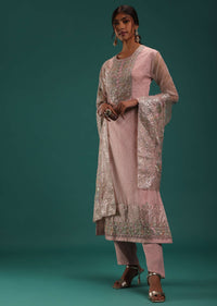 Pastel Pink Organza Kurti Set With Sequins And Zardosi Work