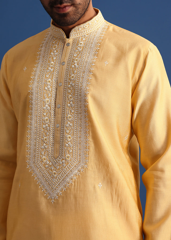 Pastel Yellow Hand Embroidered Kurta Set In Silk