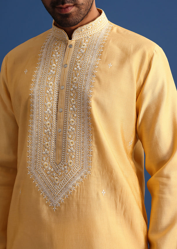 Pastel Yellow Hand Embroidered Kurta Set In Silk