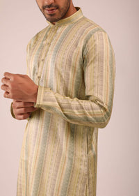 Pastel Yellow Kurta Set In Silk With Multi Colored Stripes