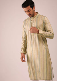 Pastel Yellow Kurta Set In Silk With Multi Colored Stripes