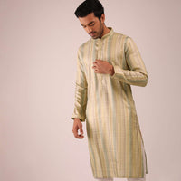 Pastel Yellow Kurta Set In Silk With Multi Colored Stripes