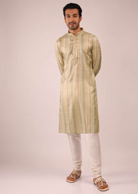 Pastel Yellow Kurta Set In Silk With Multi Colored Stripes