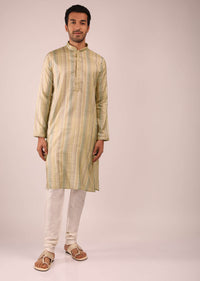 Pastel Yellow Kurta Set In Silk With Multi Colored Stripes