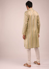 Pastel Yellow Kurta Set In Silk With Multi Colored Stripes