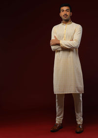 Pastel Yellow Kurta Set In Cotton With Lucknowi Thread Embroidered Ethnic Jaal