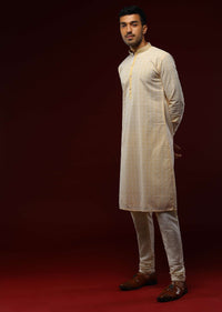 Pastel Yellow Kurta Set In Cotton With Lucknowi Thread Embroidered Ethnic Jaal