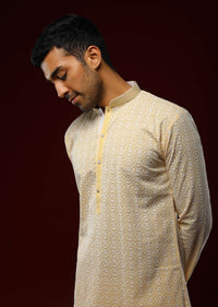 Pastel Yellow Kurta Set In Cotton With Lucknowi Thread Embroidered Ethnic Jaal