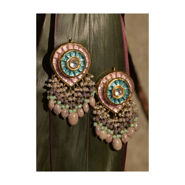 Peach And Blue Kundan Earrings In Inverted Drop Pattern With Colorful Bead Fringes