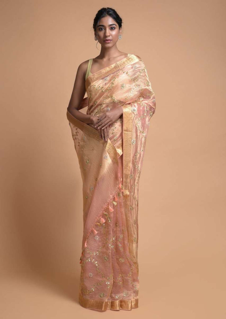 Peach And Gold Banarasi Saree In Silk With Gotta Patch Embroidery Online - Kalki Fashion