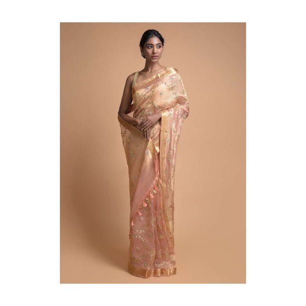 Peach And Gold Banarasi Saree In Silk With Gotta Patch Embroidery Online - Kalki Fashion