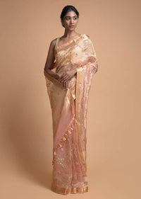 Peach And Gold Banarasi Saree In Silk With Gotta Patch Embroidery Online - Kalki Fashion