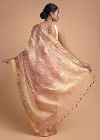 Peach And Gold Banarasi Saree In Silk With Gotta Patch Embroidery Online - Kalki Fashion