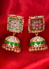 Peach and green shaded jadau earring with kundan work only on kalki