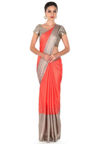 Peach And Grey Saree With Kundan Embroidery Online - Kalki Fashion