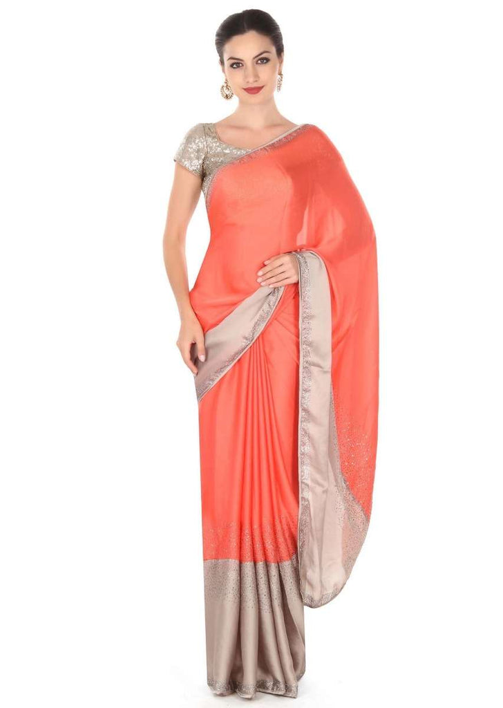 Peach And Grey Saree With Kundan Embroidery Online - Kalki Fashion