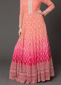 Peach And Pink Shaded Anarkali In Georgette With Lucknowi Thread Embroidered Buttis Online - Kalki Fashion