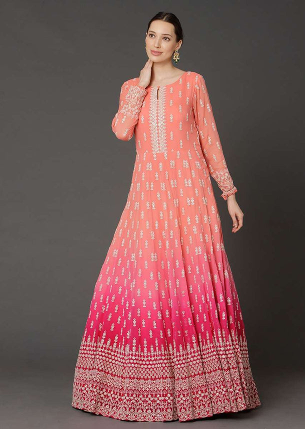 Peach And Pink Shaded Anarkali In Georgette With Lucknowi Thread Embroidered Buttis Online - Kalki Fashion