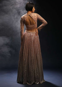 Peach And Silver Ombre Lehenga Embellished In Sequins And Hand Embroidered Choli With Plunging V Neckline