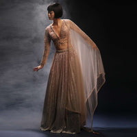 Peach And Silver Ombre Lehenga Embellished In Sequins And Hand Embroidered Choli With Plunging V Neckline