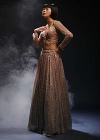 Peach And Silver Ombre Lehenga Embellished In Sequins And Hand Embroidered Choli With Plunging V Neckline