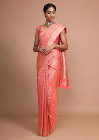 Peach Banarasi Saree In Silk With Weaved Floral Design In Diagonal Pattern Online - Kalki Fashion