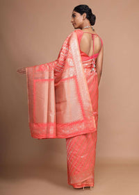 Peach Banarasi Saree In Silk With Weaved Floral Design In Diagonal Pattern Online - Kalki Fashion