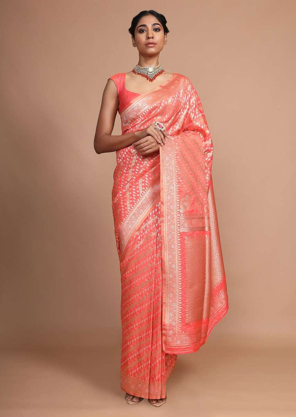 Peach Banarasi Saree In Silk With Weaved Floral Design In Diagonal Pattern Online - Kalki Fashion