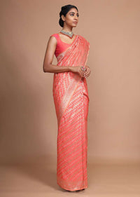 Peach Banarasi Saree In Silk With Weaved Floral Design In Diagonal Pattern Online - Kalki Fashion