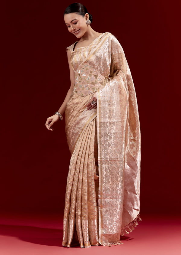 Peach Banarasi Tissue Saree With Broad Border Geometric Stripes And Embroidered Belt