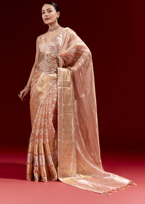 Peach Banarasi Tissue Saree With Chanderi Stripes And Embroidered Cutdana Belt