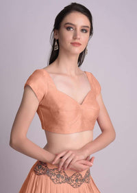 Peach Blouse In Raw Silk With Sweet Heart Neckline