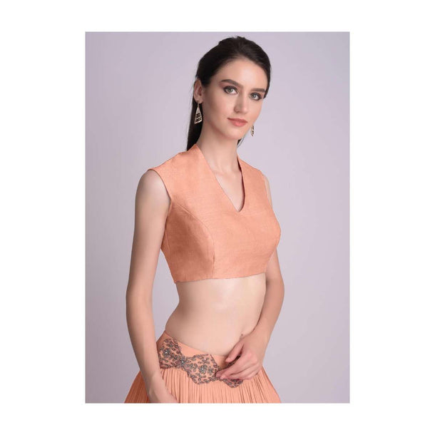 Peach Blouse In Raw Silk With V Neckline