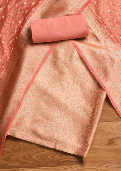 Peach Brocade Banarasi Unstitched Suit With Dupatta