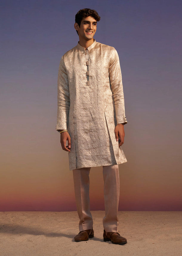 Peach Brocade Kurta Set With Self Work