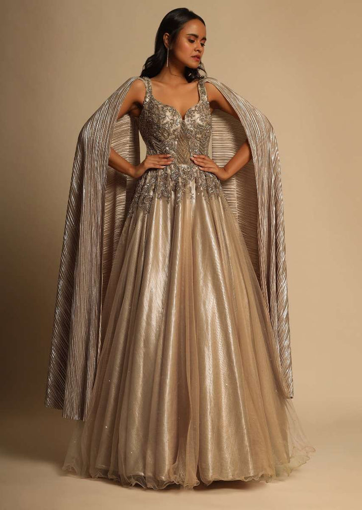 Peach Champagne Gown In Net With Zardosi And Sequins Embroidered Bodice And Shimmer Drape On Both Shoulders Online - Kalki Fashion